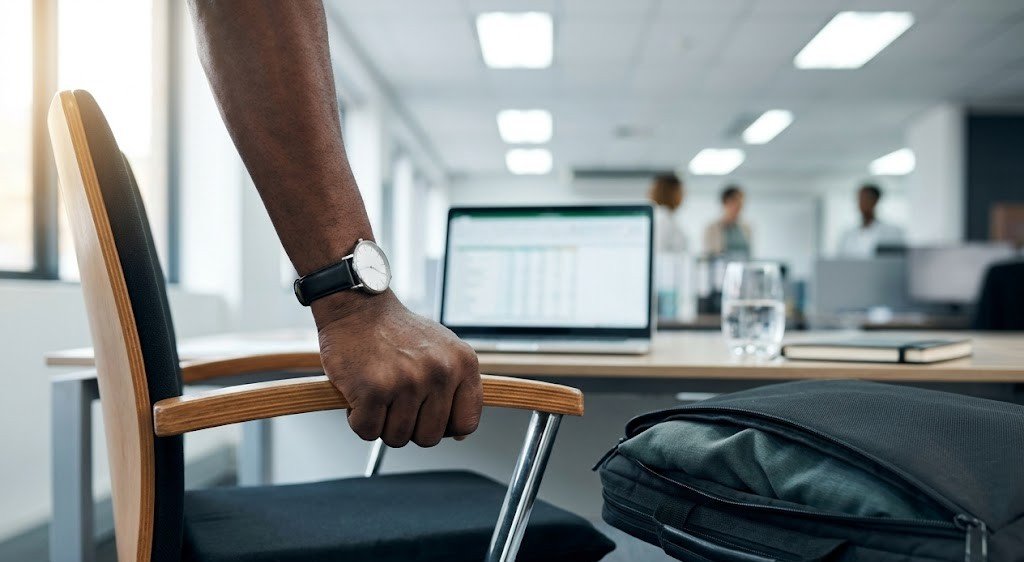 Man gripping office chair armrest with cushion on seat