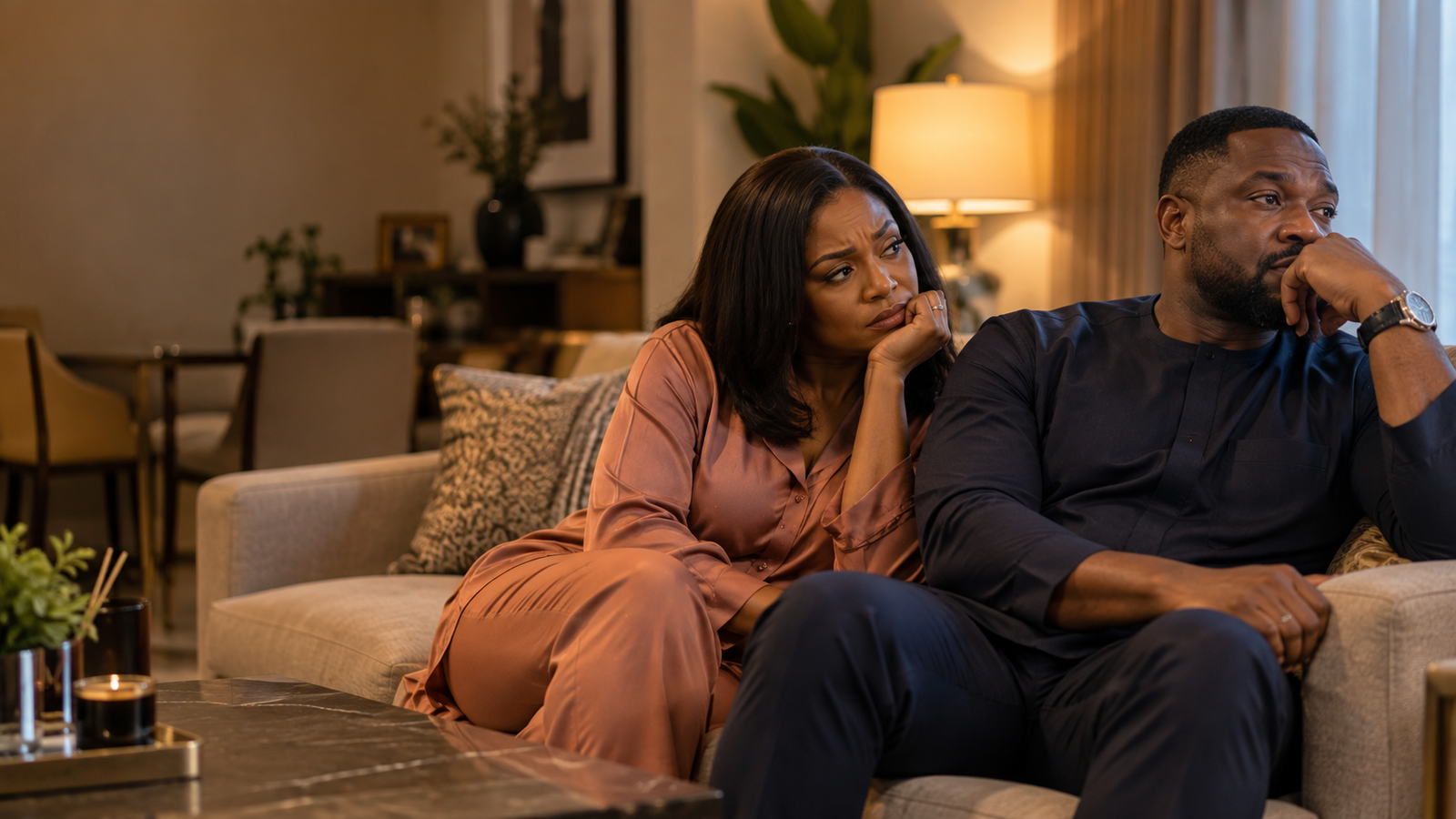 Married couple sitting together but emotionally disconnected